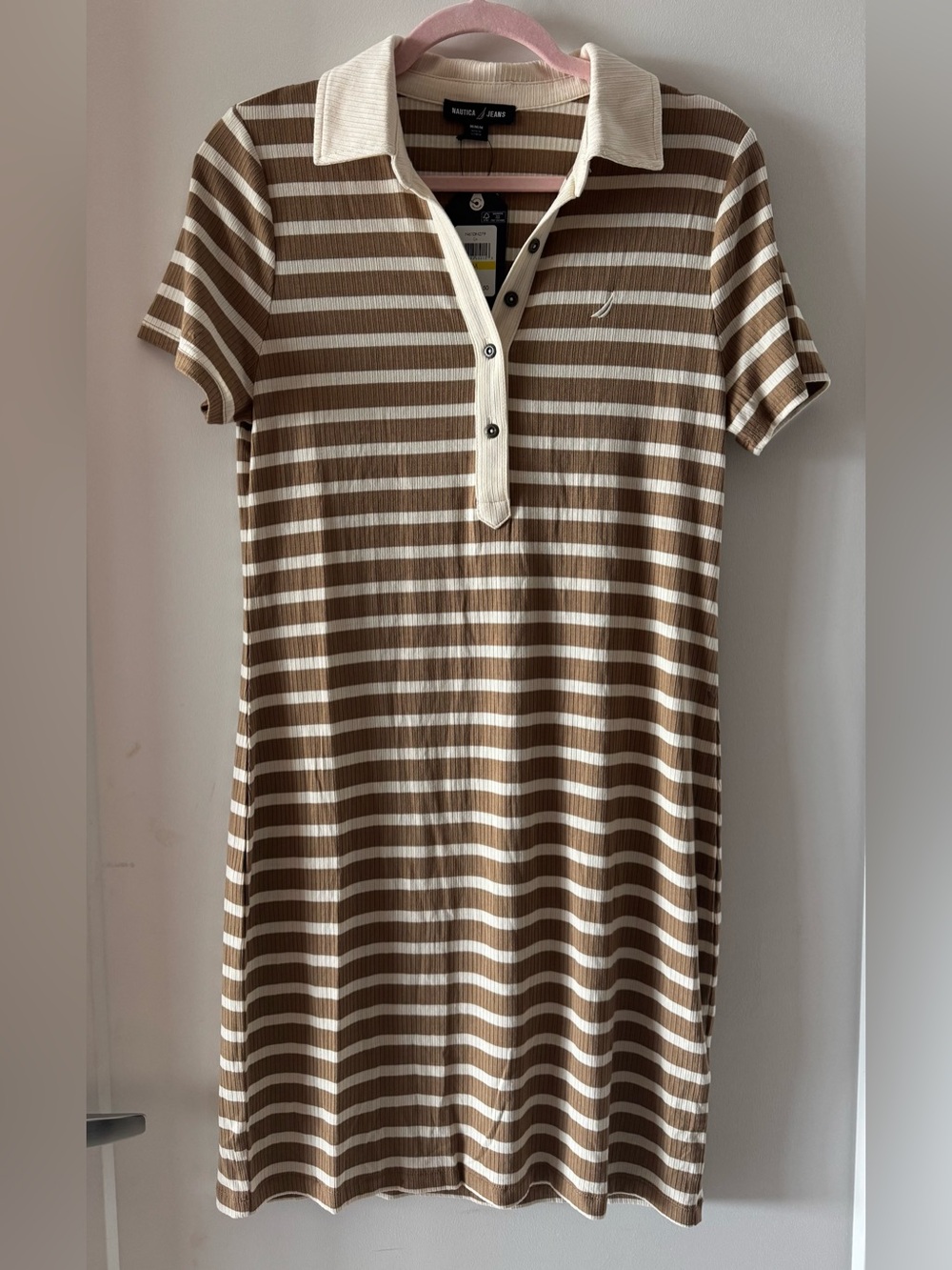 Nautica Brown and Cream Striped Polo Midi Dress